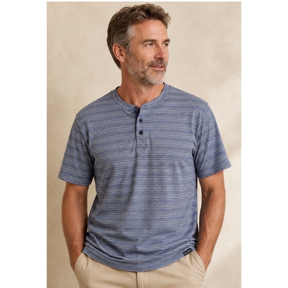Ben Sherman Mens Blue Gray Striped Short Sleeve Henley Casual Shirt